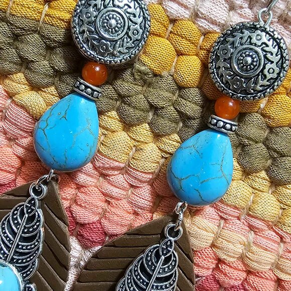 Artisan Earrings Southwestern Faux Leather Silver & Turquoise Feathers - Picture 7 of 9